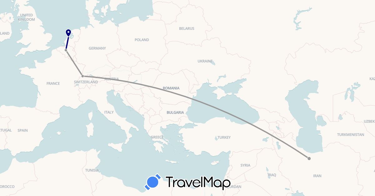 TravelMap itinerary: driving, plane in Belgium, Switzerland, Iran, Netherlands (Asia, Europe)